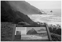 Enderts Beach, Seastacks interpretive sign. Redwood National Park ( black and white)