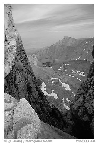 Looking down through  gap between  Mt Whitney needles. Sequoia National Park (black and white)