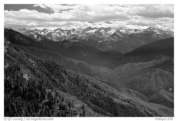 Panorama of  Western Divide from Moro Rock. Sequoia National Park (black and white)