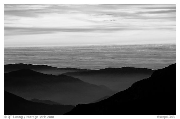 Receding lines of  foothills and sea of clouds at sunset. Sequoia National Park (black and white)