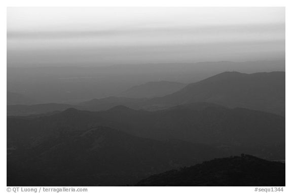 Receding ridge lines of  foothills at sunset. Sequoia National Park (black and white)