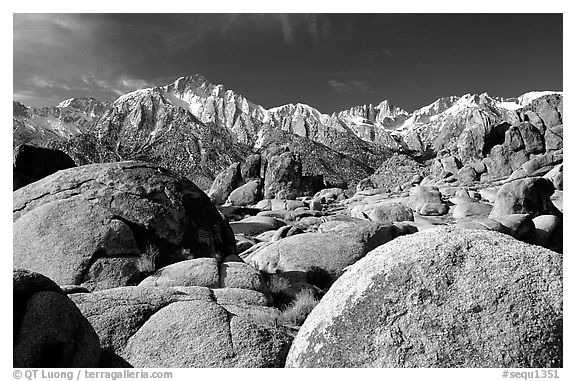 Volcanic boulders in Alabama hills and Sierras, morning. Sequoia National Park (black and white)