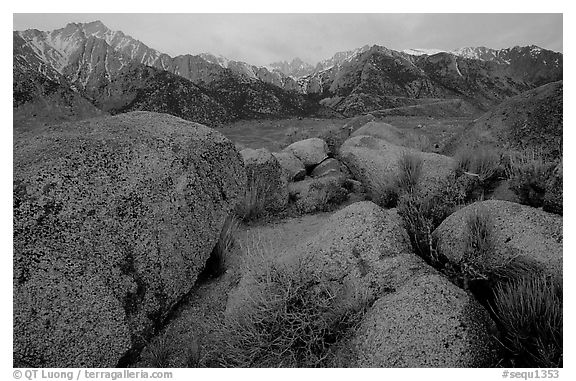 Volcanic boulders in Alabama hills and Sierras, sunrise. Sequoia National Park (black and white)