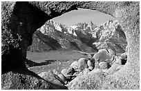 Alabama hills arch I and Sierras, early morning. Sequoia National Park, California, USA. (black and white)