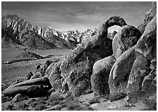 Rock arch and Sierra Nevada range with Mt Whitney, morning. Sequoia National Park, California, USA. (black and white)