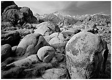 Boulders in Alabama Hills, Lone Pine Peark, and Mt Whitney. Sequoia National Park ( black and white)