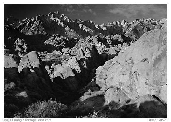 Alabama hills and Sierras, early morning. Sequoia National Park (black and white)