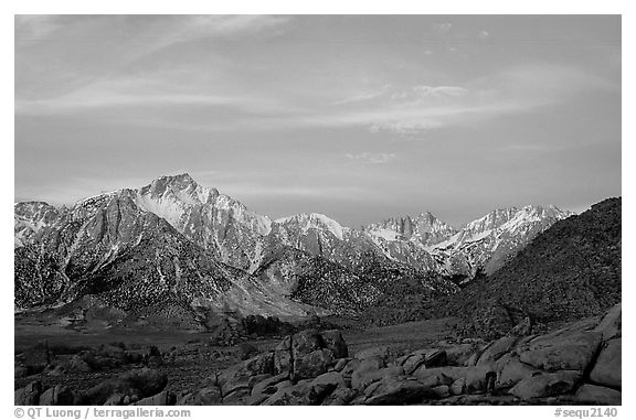 Alabama hills and Sierras, winter sunrise. Sequoia National Park (black and white)