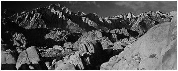 Boulders and Sierra Nevada. Sequoia National Park (Panoramic black and white)