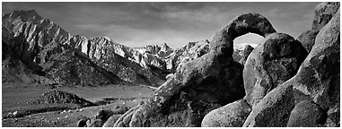 Rock Arch and Sierra Nevada range. Sequoia National Park (Panoramic black and white)