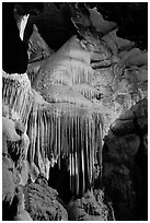 Stalactites and curtains, Crystal Cave. Sequoia National Park, California, USA. (black and white)