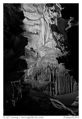 Subterranean passage with ornate cave formations, Crystal Cave. Sequoia National Park (black and white)