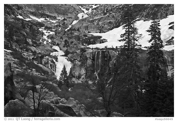 Tokopah Falls cascading down cliffs for 1200 feet. Sequoia National Park (black and white)