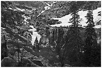 Tokopah Falls cascading down cliffs for 1200 feet. Sequoia National Park ( black and white)