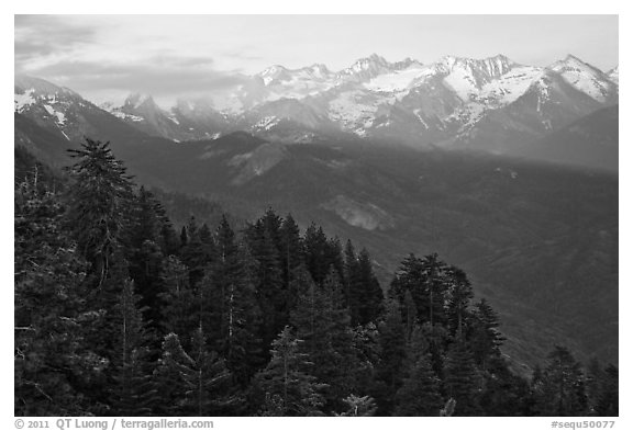 Kaweah Range section of the Sierra Nevada Mountains at sunset. Sequoia National Park (black and white)