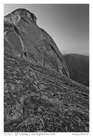 Granite slabs and dome of Moro Rock at sunset. Sequoia National Park (black and white)