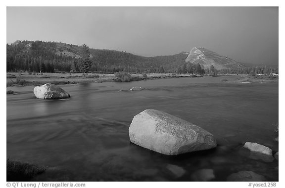 Tuolumne Meadows, Lembert Dome, and rainbow, storm clearing at sunset. Yosemite National Park (black and white)