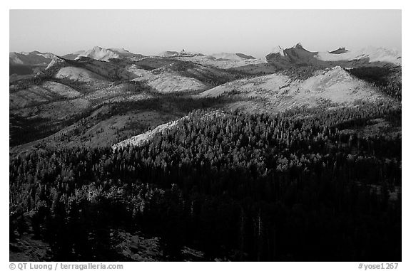 Cathedral Range seen from Clouds Rest, sunset. Yosemite National Park (black and white)