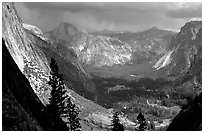 View of Yosemite Valley and Half-Dome from Yosemite Falls trail. Yosemite National Park ( black and white)