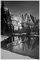 Merced River and Yosemite Falls from Swinging Bridge, winter morning. Yosemite National Park, California, USA. (black and white)