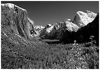 Yosemite Valley from Tunnel View in winter with snow-covered trees and mountains. Yosemite National Park, California, USA. (black and white)