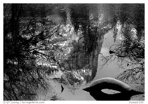 Reflections in Mirror Lake, winter afternoon. Yosemite National Park, California, USA.