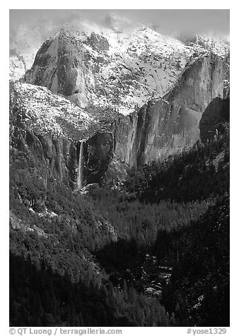 Bridalveil Falls and Cathedral rocks in winter. Yosemite National Park (black and white)