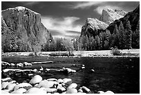 Valley View in winter with fresh snow. Yosemite National Park, California, USA. (black and white)