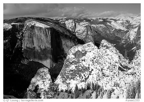 View of  Valley from Dewey Point in winter. Yosemite National Park (black and white)