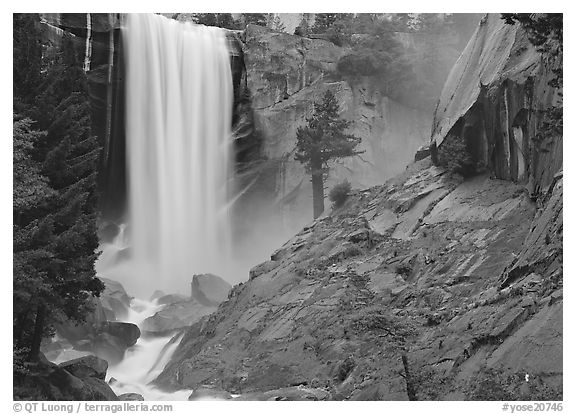 Vernal Fall and wet granite slab. Yosemite National Park (black and white)