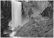 Vernal Fall and wet granite slab. Yosemite National Park, California, USA. (black and white)