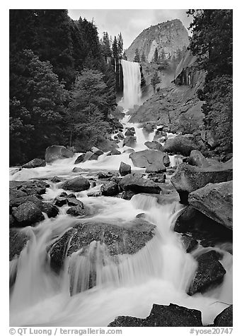 Vernal Fall and downstream cascades. Yosemite National Park (black and white)