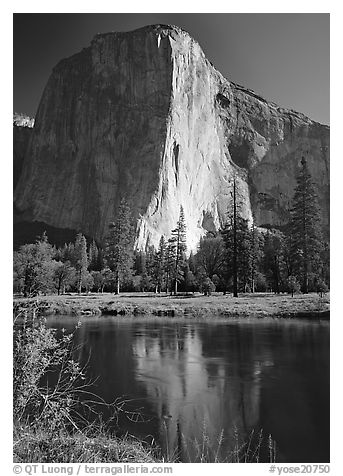 El Capitan and Merced River reflection. Yosemite National Park (black and white)