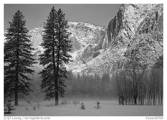 Awhahee Meadow and Yosemite falls wall with snow, early winter morning. Yosemite National Park, California, USA.