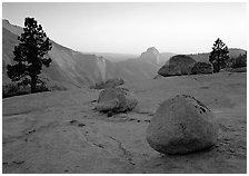 Boulders and Half-Dome at sunset, Olmsted Point. Yosemite National Park, California, USA. (black and white)