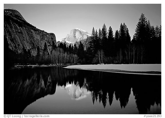 Half-Dome reflected in Merced River near Sentinel Bridge, sunset. Yosemite National Park (black and white)