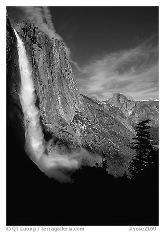 Upper Yosemite Falls and Half-Dome, early afternoon. Yosemite National Park, California, USA.
