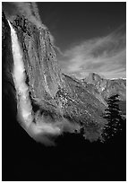 Upper Yosemite Falls and Half-Dome, early afternoon. Yosemite National Park, California, USA. (black and white)