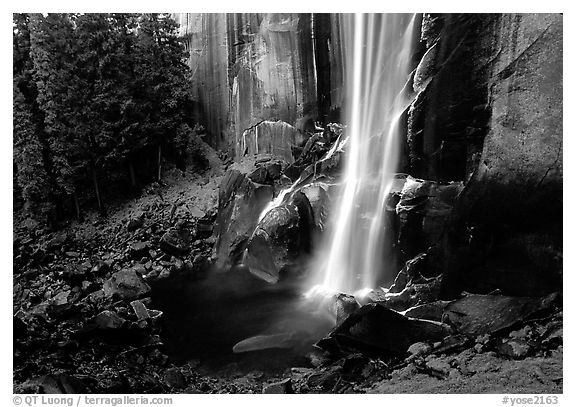 Base of Vernal Falls with lower autumn flow. Yosemite National Park (black and white)