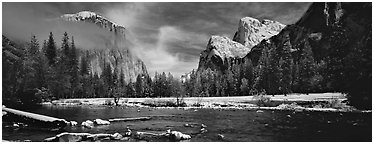 Yosemite Valley in winter. Yosemite National Park (Panoramic black and white)