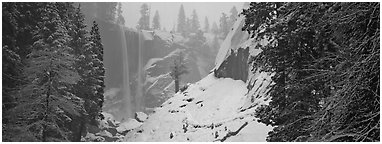 Vernal Fall in winter fog. Yosemite National Park (Panoramic black and white)