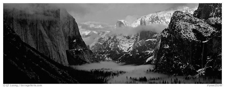 Winter sunset over Yosemite Valley. Yosemite National Park (black and white)