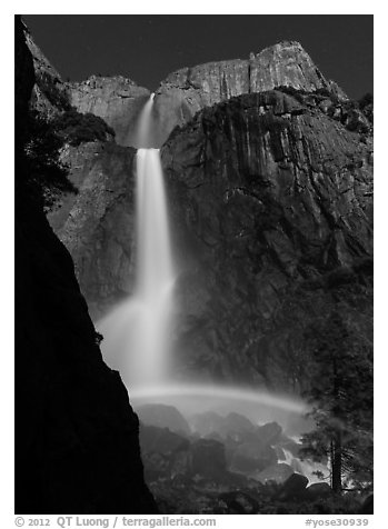 Moon rainbow, Lower and Upper Yosemite Falls. Yosemite National Park (black and white)