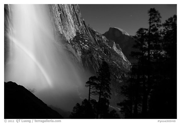 Upper Yosemite Falls with double moonbow and Half-Dome. Yosemite National Park (black and white)