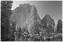Merced River and Cathedral Rocks in autumn. Yosemite National Park ( black and white)