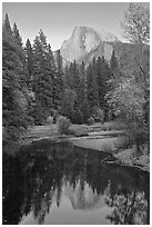 Half Dome reflected in Merced River at sunset. Yosemite National Park ( black and white)