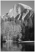Banks of  Merced River with hiker below Half-Dome. Yosemite National Park ( black and white)