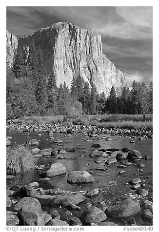 Pebbles, Merced River, and El Capitan, morning. Yosemite National Park, California, USA.