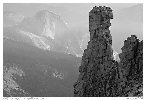 Rock tower and Half-Dome. Yosemite National Park (black and white)