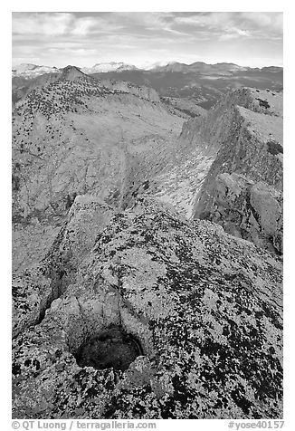 Frozen pot hole and summit cliffs, Mount Hoffman. Yosemite National Park (black and white)